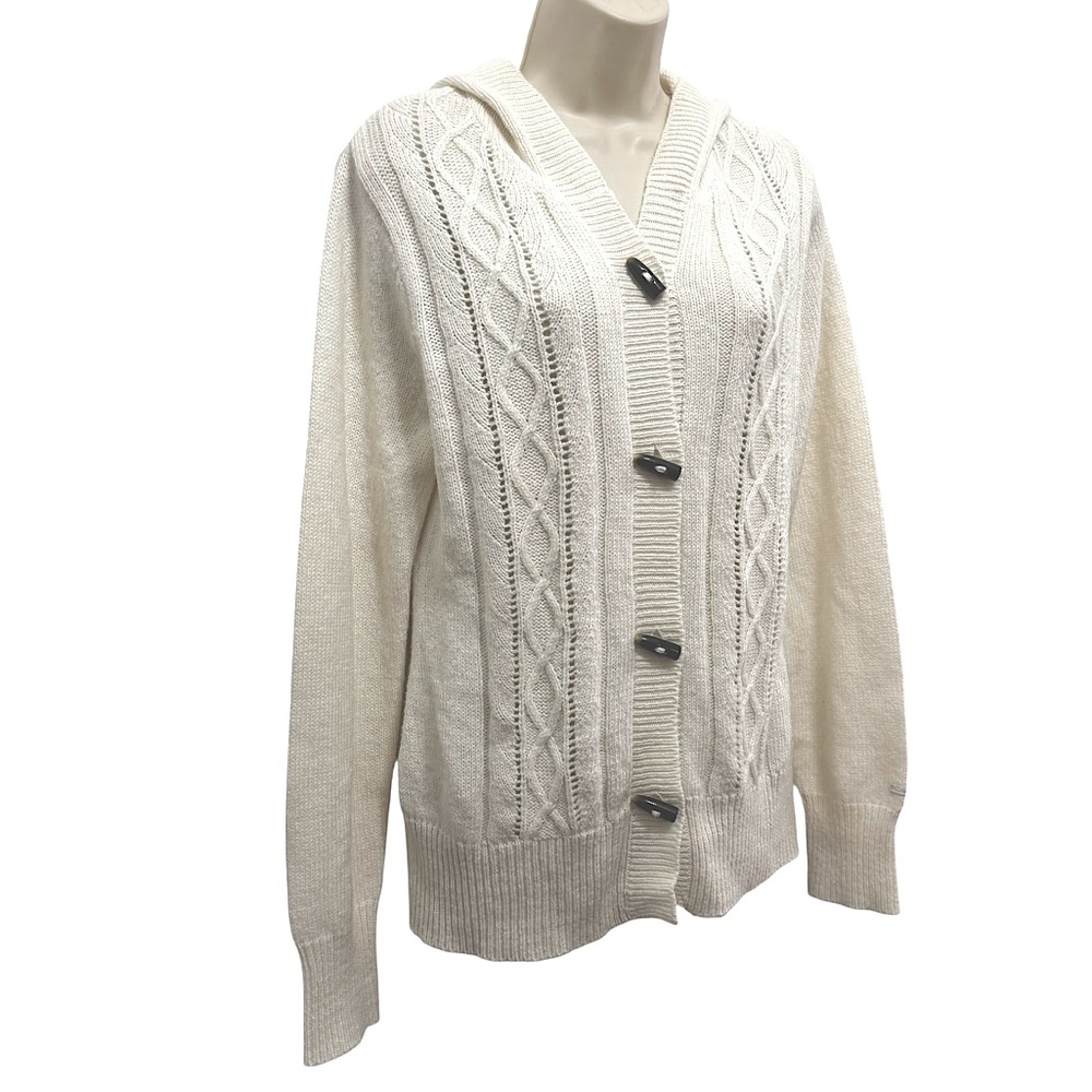 Columbia Ivory Wool Blend Long Sleeve Hooded Button Up Cable Knit Cardigan Large